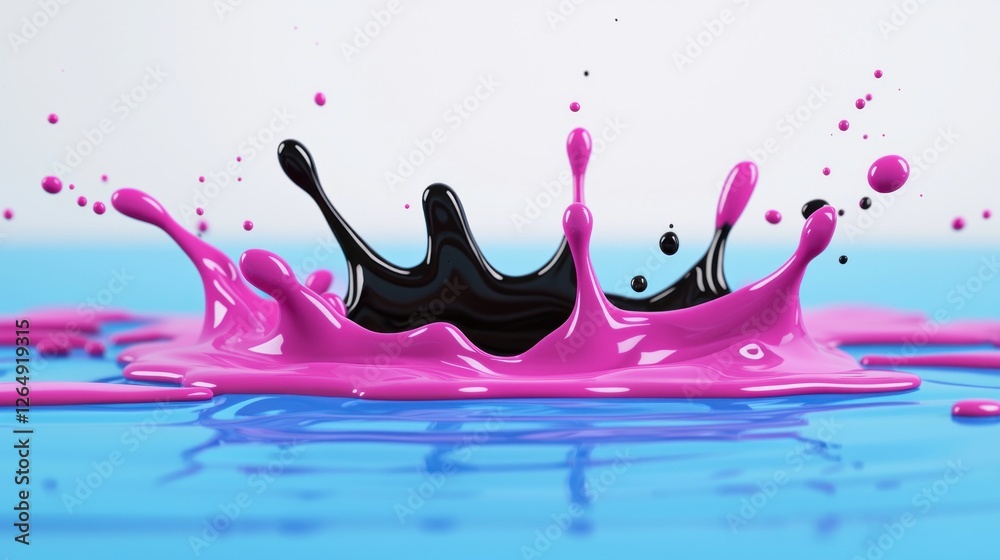 Aufkleber vibrant pink and black paint splashing on blue surface with dynamic ripples and drips in studio ligh
