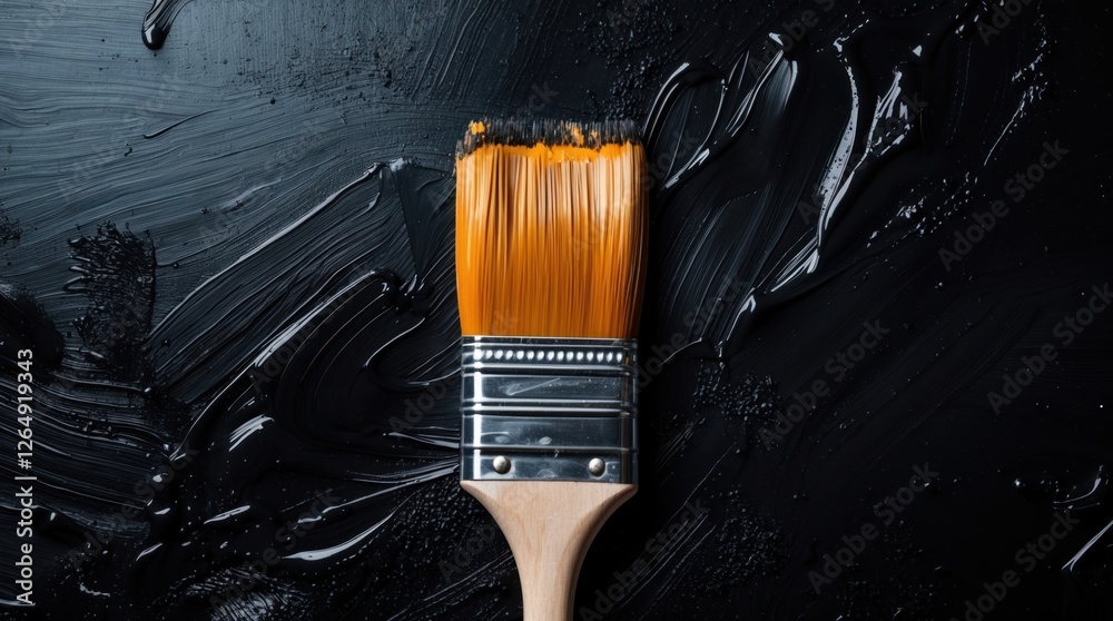Poster Paintbrush with orange bristles on a black textured background with paint strokes and copy space for text
