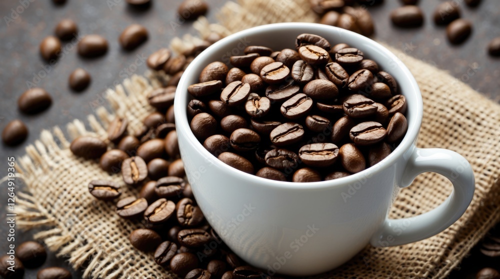 Poster coffee beans in a white cup on a burlap cloth with scattered beans around, dark background with text