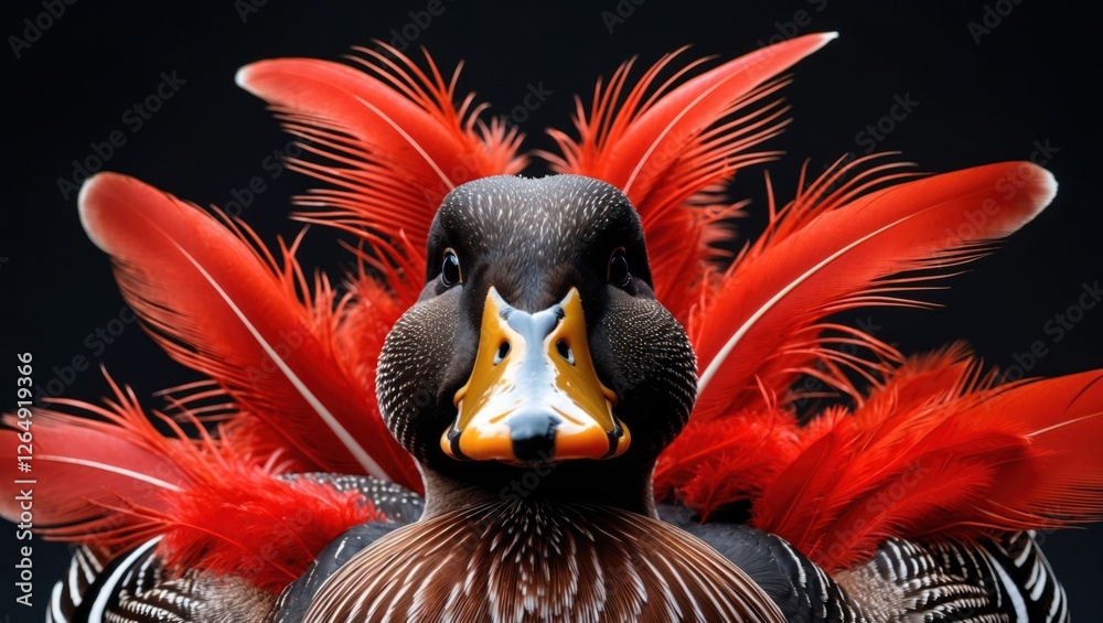 Poster mandarin duck portrait with vibrant red feathers on black background showcasing detailed plumage and