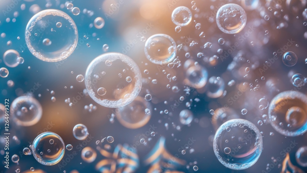Aufkleber Close-up view of floating water bubbles in soft focus against a dreamy blue background with copy space for text