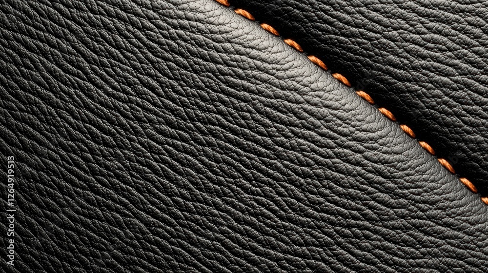 Poster close-up of black leather texture with intricate stitching detail and warm contrast thread