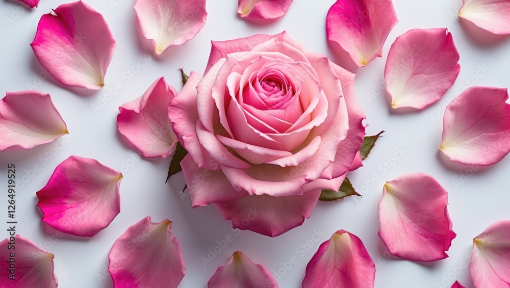 Poster pink rose flower surrounded by scattered petals on white background with copy space for text inserti