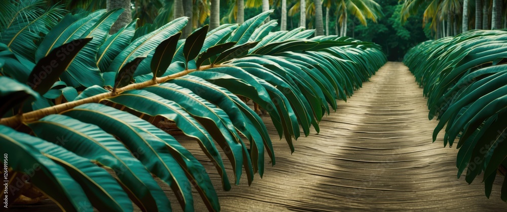 Poster lush green palm leaves lining a path in a tropical garden with sandy ground and blurred background t