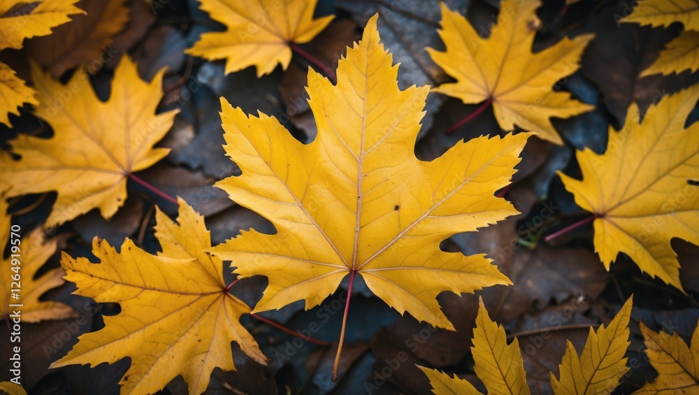 Poster Autumn leaves background with vibrant yellow maple leaves scattered on the ground creating a natural pattern Copy Space