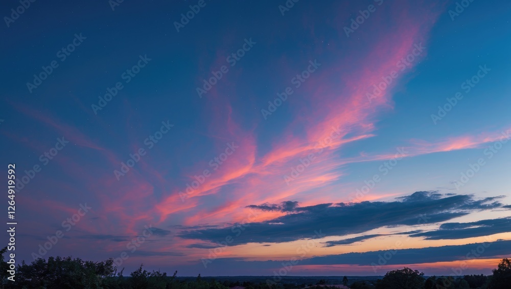 Poster vibrant sunset sky with colorful clouds and twilight hues over a horizon landscape suitable for back
