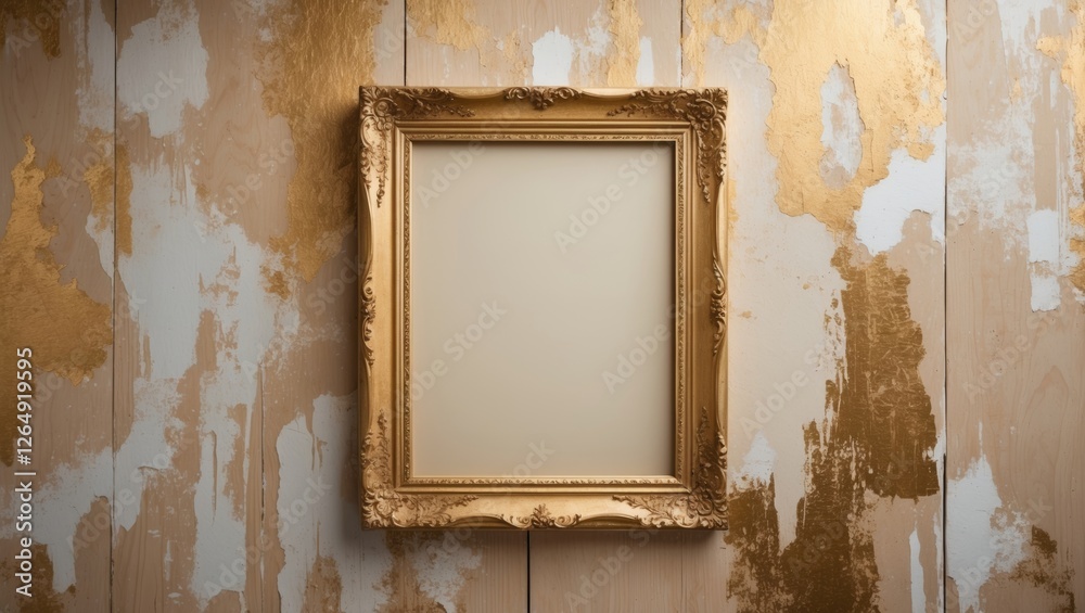 Aufkleber empty ornate gold picture frame on distressed wall with peeling paint and gold leaf accents suitable