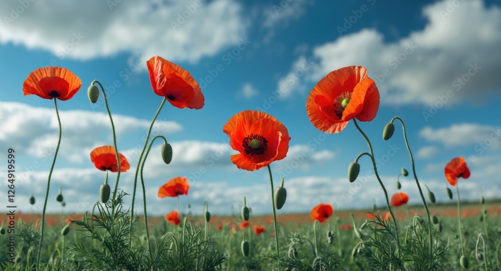 Aufkleber vibrant red poppy flowers in a sunny field under a blue sky with fluffy clouds with copy space for t