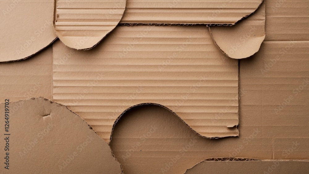 Poster textured background of layered cardboard pieces with various shapes and cutouts in neutral brown ton