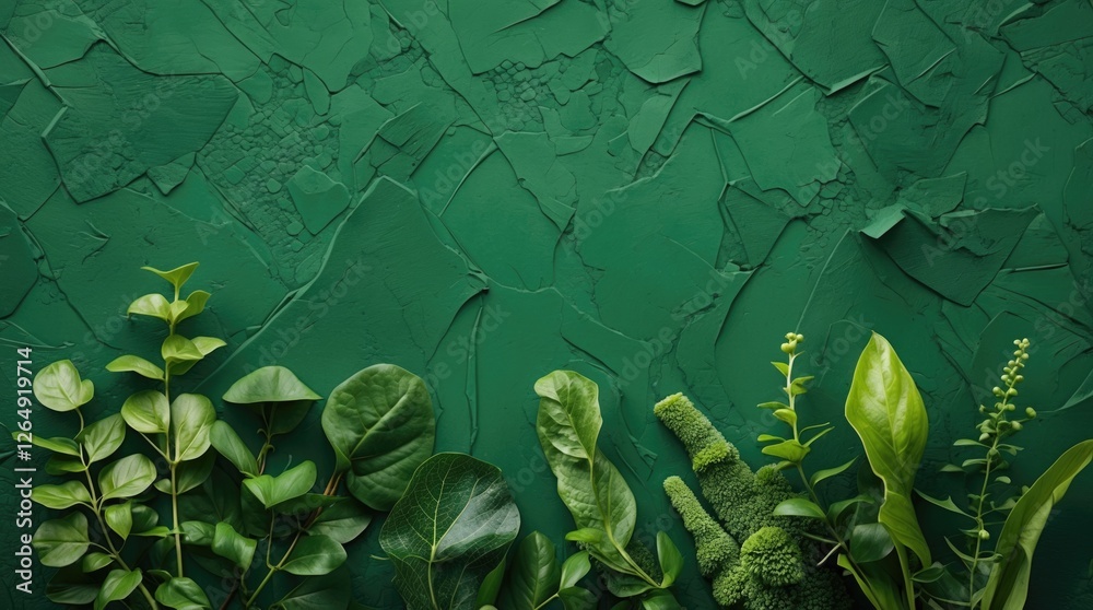 Poster Green textured wall background with assorted leaves and plants arranged at the bottom, providing ample copy space for text.