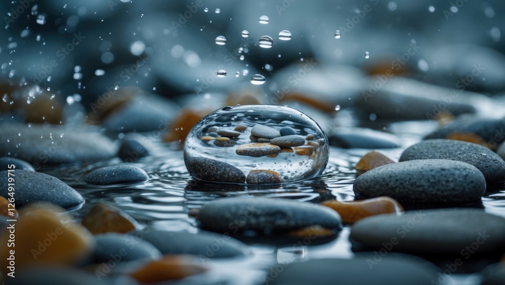 Aufkleber Close-up of a water droplet resting on smooth pebbles with clear reflections and splashes of water, creating a tranquil natural scene. Copy Space