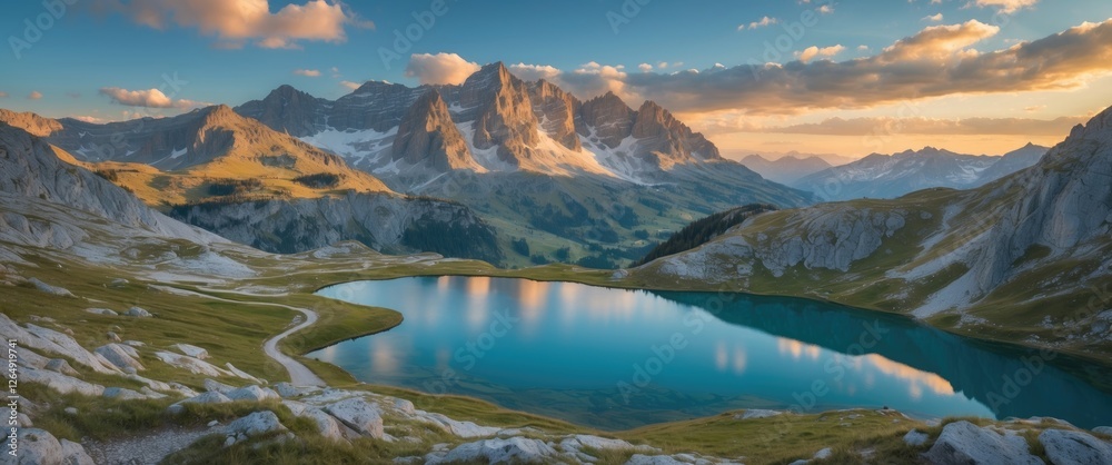 Aufkleber mountain landscape with lake reflecting mountains and clouds during sunset in a serene environment w