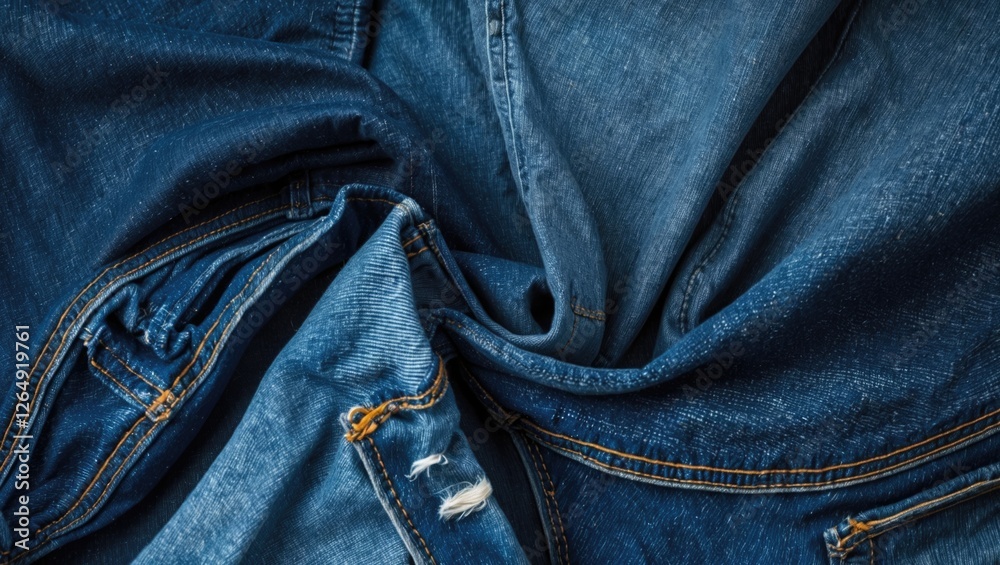 Poster denim fabric texture with multiple layers of jeans showing various shades of blue and raw edges copy