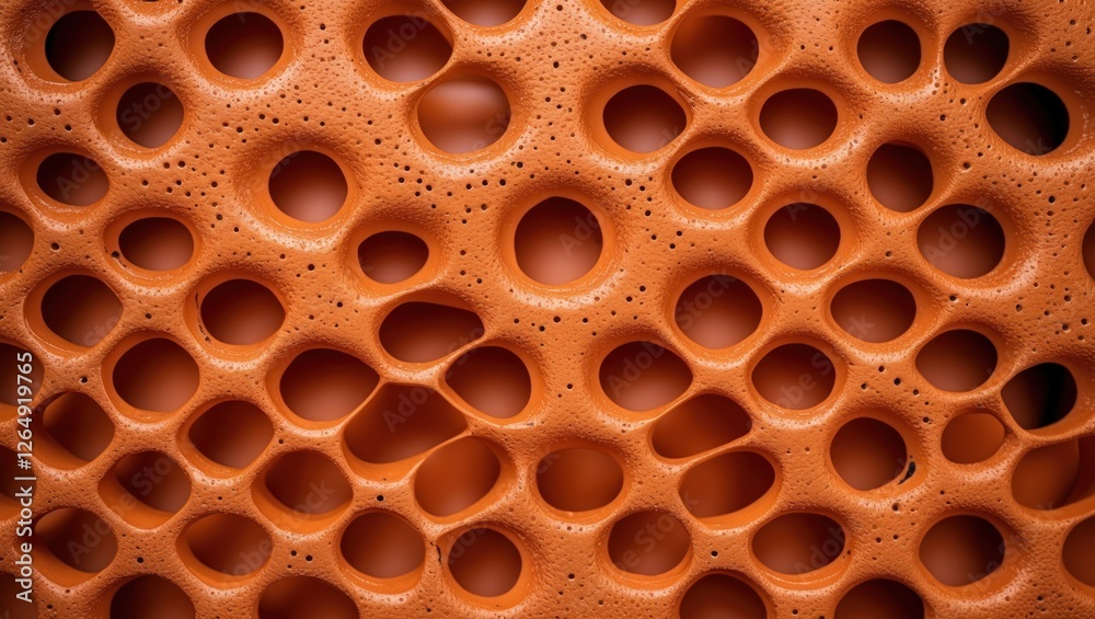 Poster textured orange foam with circular holes, abstract pattern, background design, copy space.