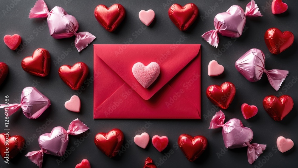 Aufkleber Red envelope with heart-shaped candy surrounded by colorful heart chocolates on dark background Copy Space