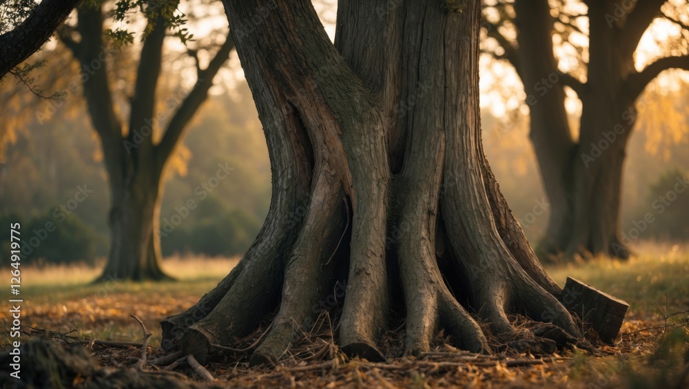 Poster Detailed close-up of large tree roots in natural setting with warm sunlight filtering through leaves, suitable for nature themes, Copy Space