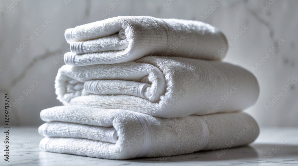 Poster Stack of neatly rolled white towels on a marble surface with soft natural lighting Copy Space