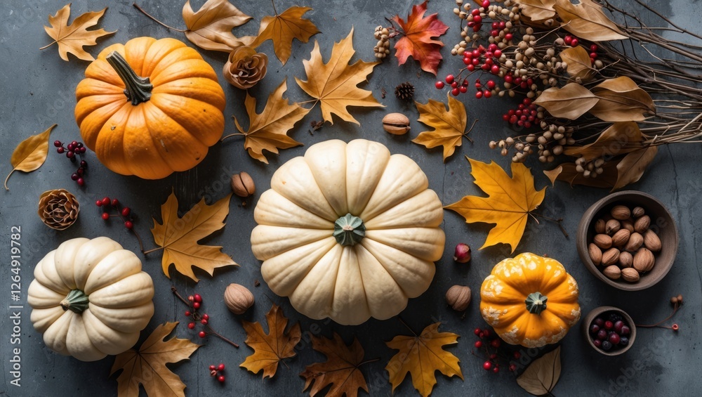 Poster Autumn composition featuring decorative pumpkins and colorful foliage on textured background with copy space for text placement