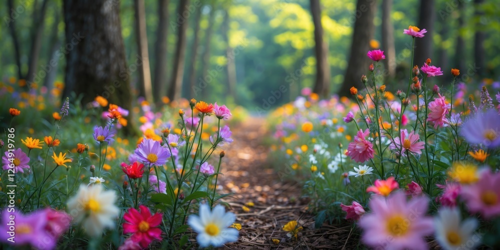 Poster colorful wildflowers along a forest pathway surrounded by lush greenery in a tranquil nature setting