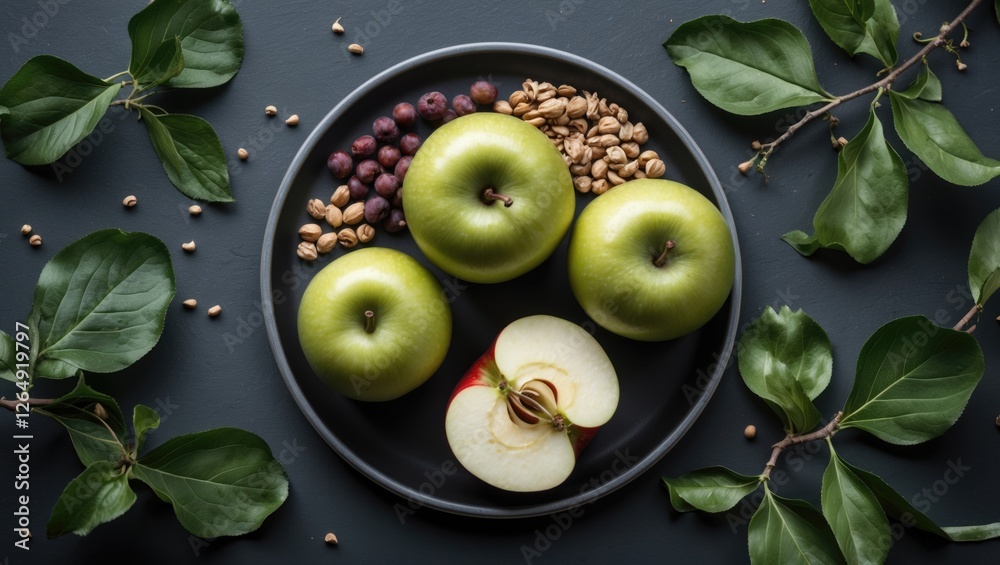 Poster green apples on a black plate surrounded by nuts and berries with green leaves on a dark surface cop