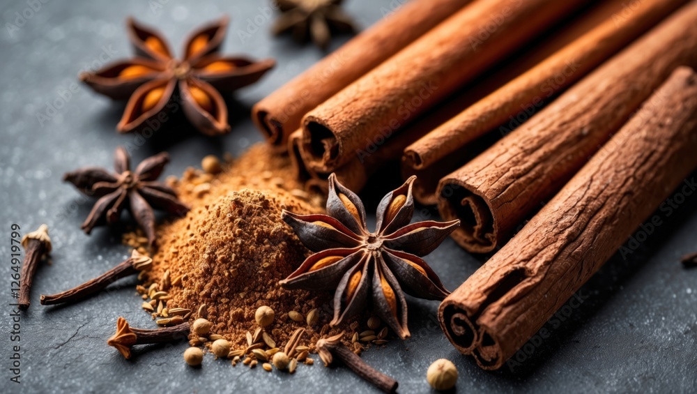 Poster Cinnamon sticks star anise and ground spices on dark stone background with copy space for text or design elements.
