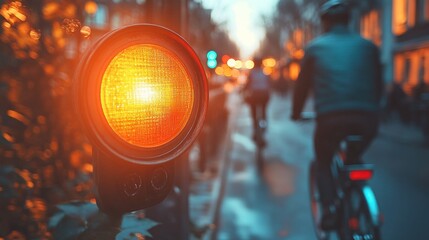 Amber traffic light, cyclist, city street, sunset