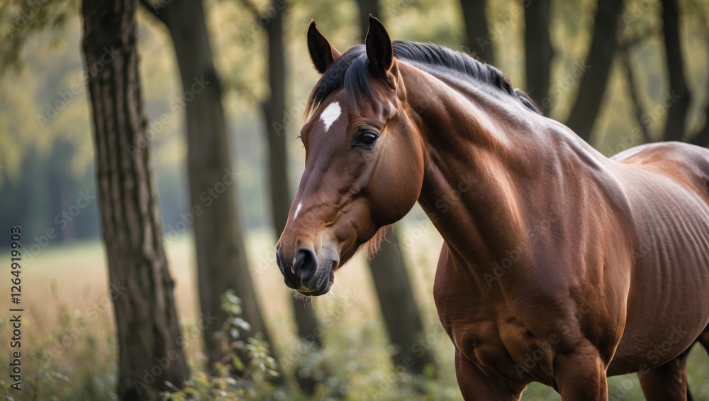Poster brown horse portrait in a serene pasture surrounded by trees with soft focus background and natural 
