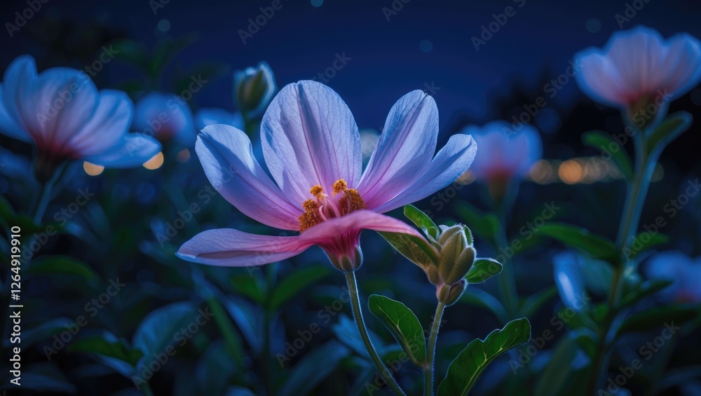 Poster delicate pink flower with white petals in a dark nighttime scene with blurred lights in the backgrou