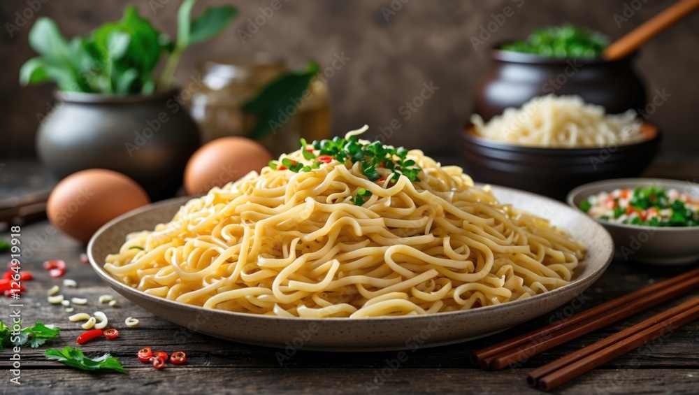 Poster served plate of cooked noodles topped with green onions on wooden table with fresh ingredients and e