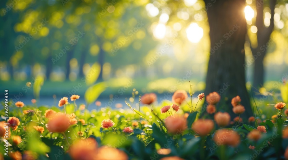 Poster sunlit garden with blooming orange flowers in focus surrounded by lush greenery and soft sunlight fi
