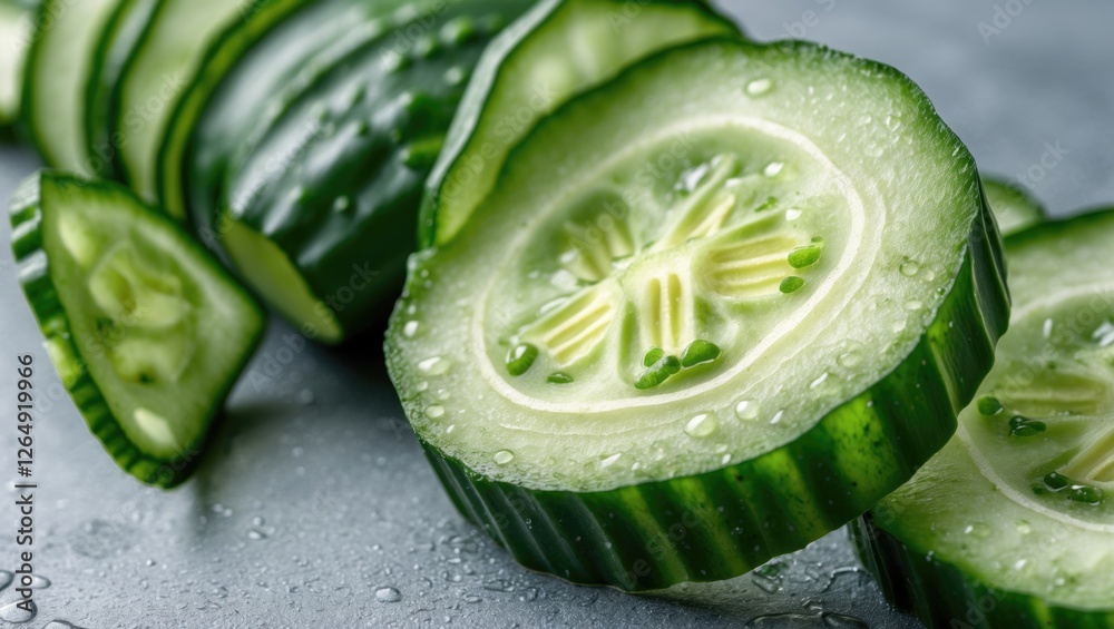 Aufkleber Freshly sliced cucumber rounds with water droplets on a gray background illustrating texture and color with ample Copy Space