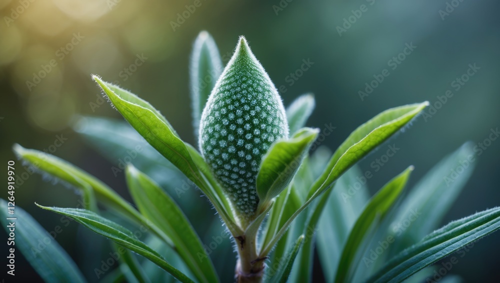 Poster close-up of a green plant bud surrounded by leaves with textured surface and soft lighting copy spac