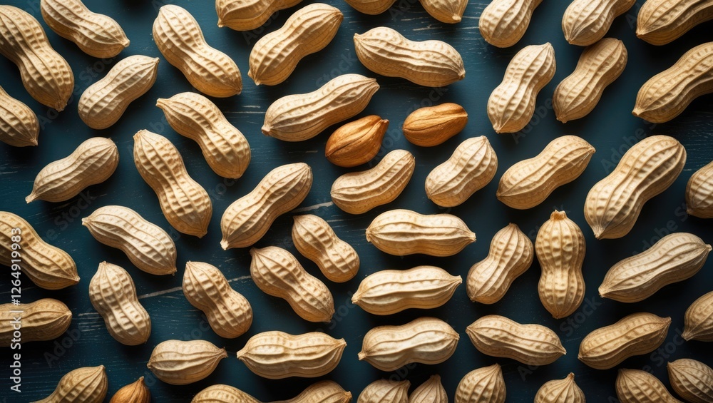 Poster peanuts in shells arranged on a blue wooden surface with one peanut standing out among the others co