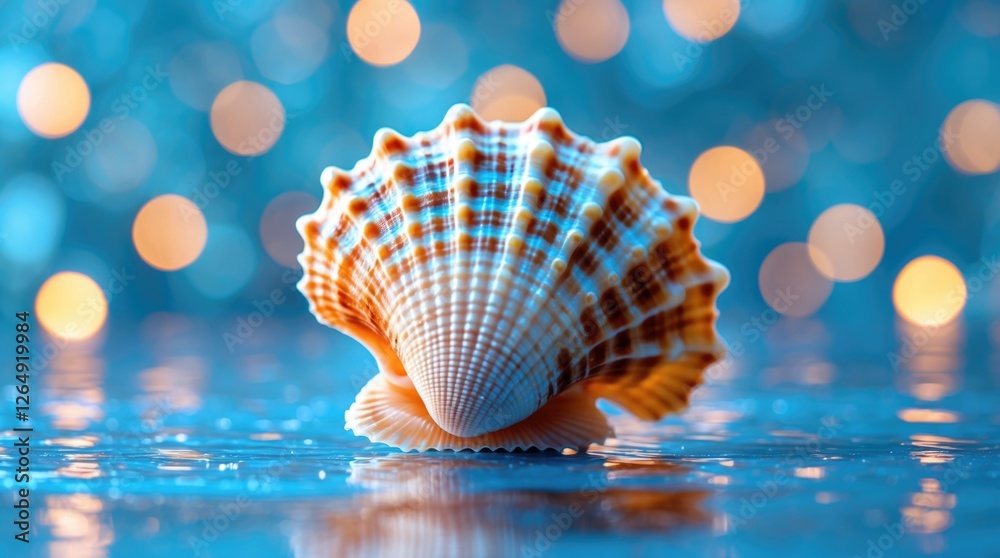 Aufkleber Close-up of a vibrant seashell on reflective surface with soft bokeh background and blue color tones Copy Space
