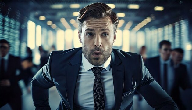 Businessman running with tired face and sweating, rush hour office background
