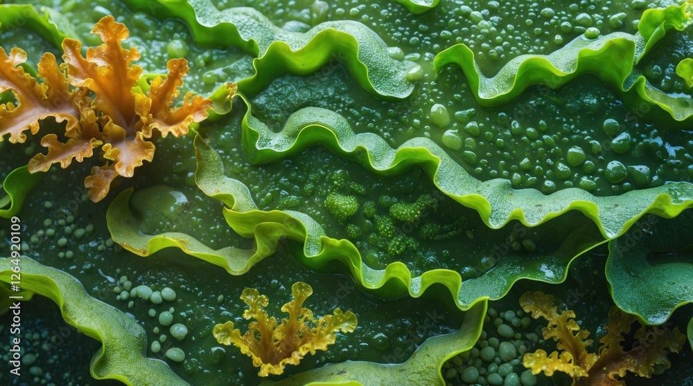 Poster detailed close-up of green algae with wavy structures and small orange coral-like formations covered