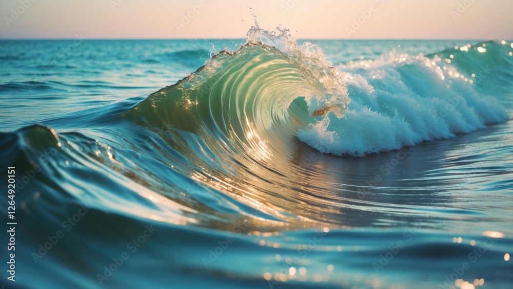 Aufkleber Close-up of ocean wave crashing in soft sunlight with clear turquoise water and foam creating detailed texture Copy Space
