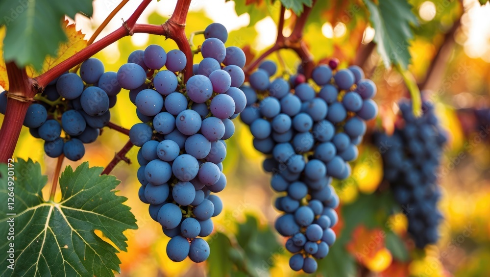 Poster close-up of ripe blue grapes hanging on vine with green leaves and autumn foliage in the background 