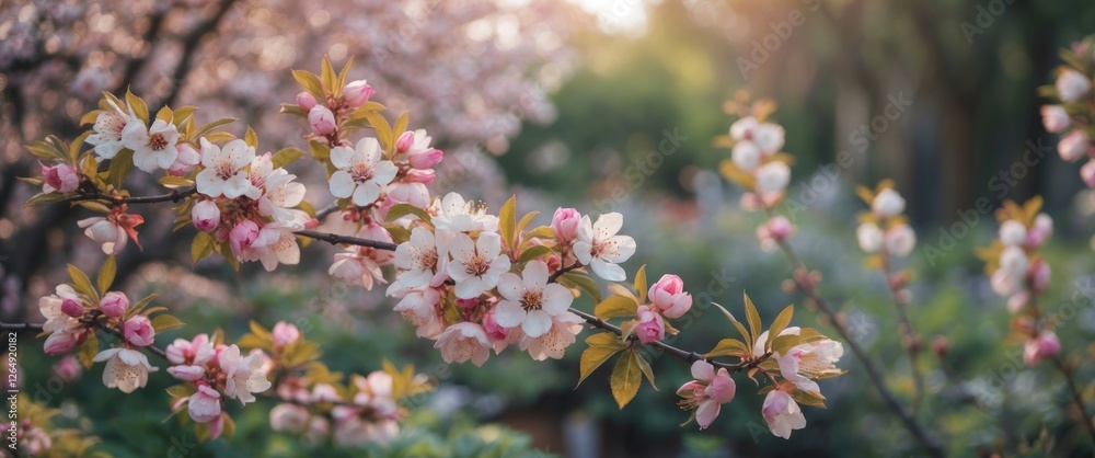 Poster cherry blossom branch with pink and white flowers in a garden setting during sunset with soft warm l