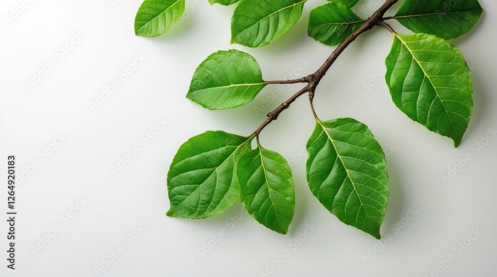 Aufkleber Green leaves on a branch isolated on a white background with natural lighting and ample copy space for text placement.