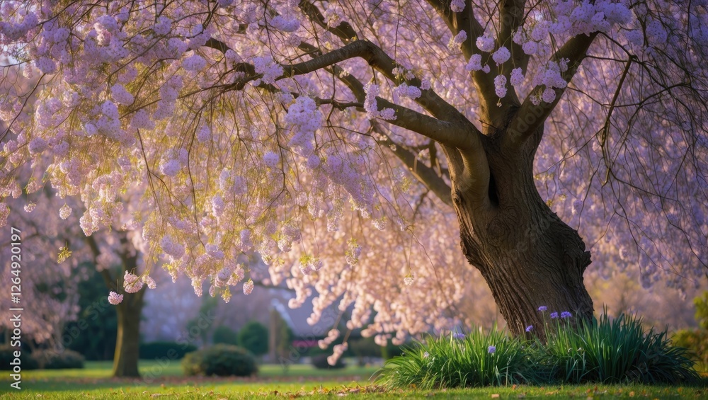 Poster blossoming cherry tree with pink flowers in a park setting during spring season with green grass in 