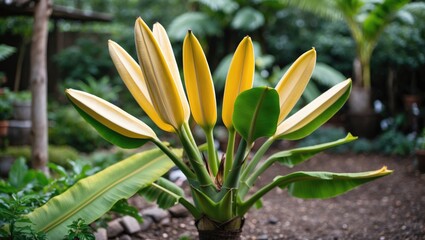 Banana plant with yellow flowers in a garden setting against a blurred green backdrop showcasing vibrant tropical vegetation Copy Space