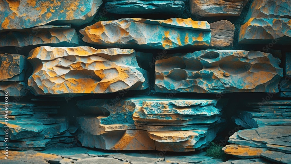 Aufkleber Textured rock wall with layered stone formation showing natural patterns and colors suitable for backgrounds and design elements Copy Space