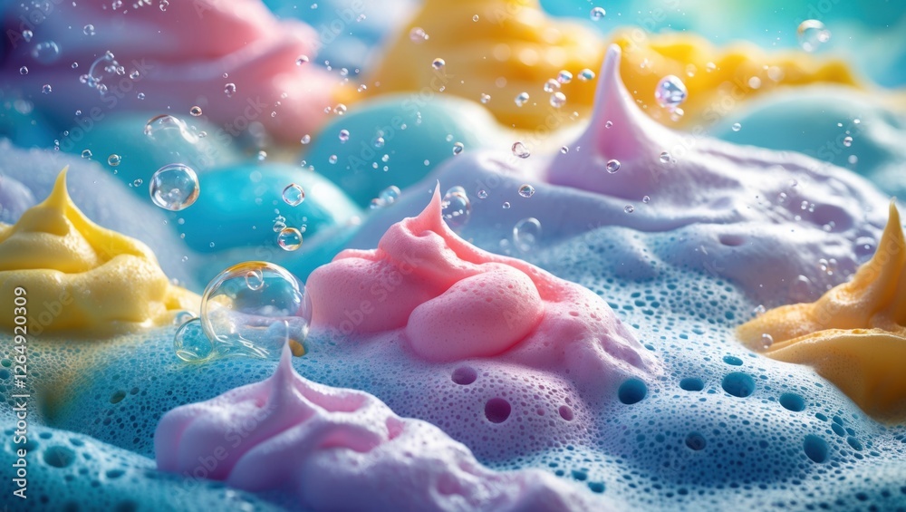 Poster colorful foamy textures with bubbles in pastel tones, representing a playful and vibrant abstract ba
