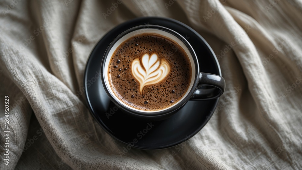Poster Coffee cup with latte art on textured fabric background with copy space for text usage