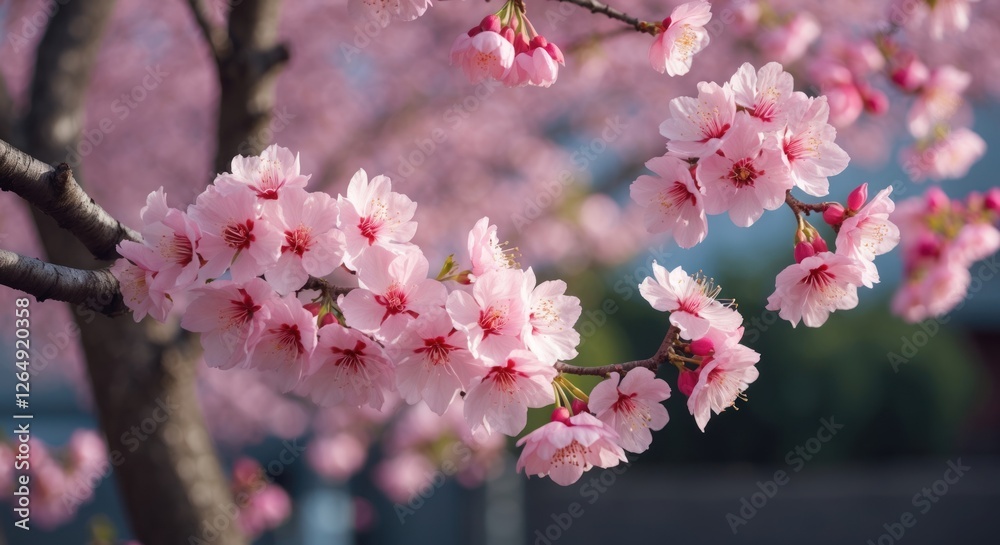 Poster cherry blossom flowers in spring on a tree branch with blurred pink background copy space