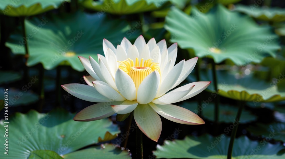Poster white lotus flower in bloom surrounded by green lily pads in a calm water setting with bright sunlig
