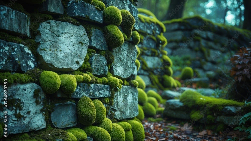 Poster Moss-covered stone wall in a forest environment with natural greenery and foliage using soft lighting and shallow depth of field Copy Space