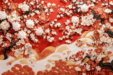 Artistic paper cherry blossoms on red wall; a cultural, festive backdrop