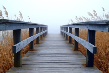 Fototapeta premium Tranquil moody boardwalk backdrop, coastal path, waterfront platform in the mist.